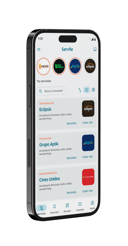 Listado de empresas en la app de Servfie